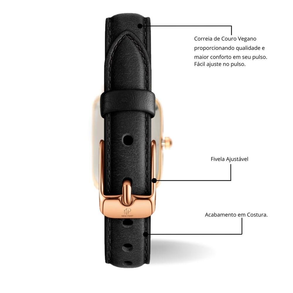 Relógio Feminino Quadrado Courino Casual New Port Preto 6