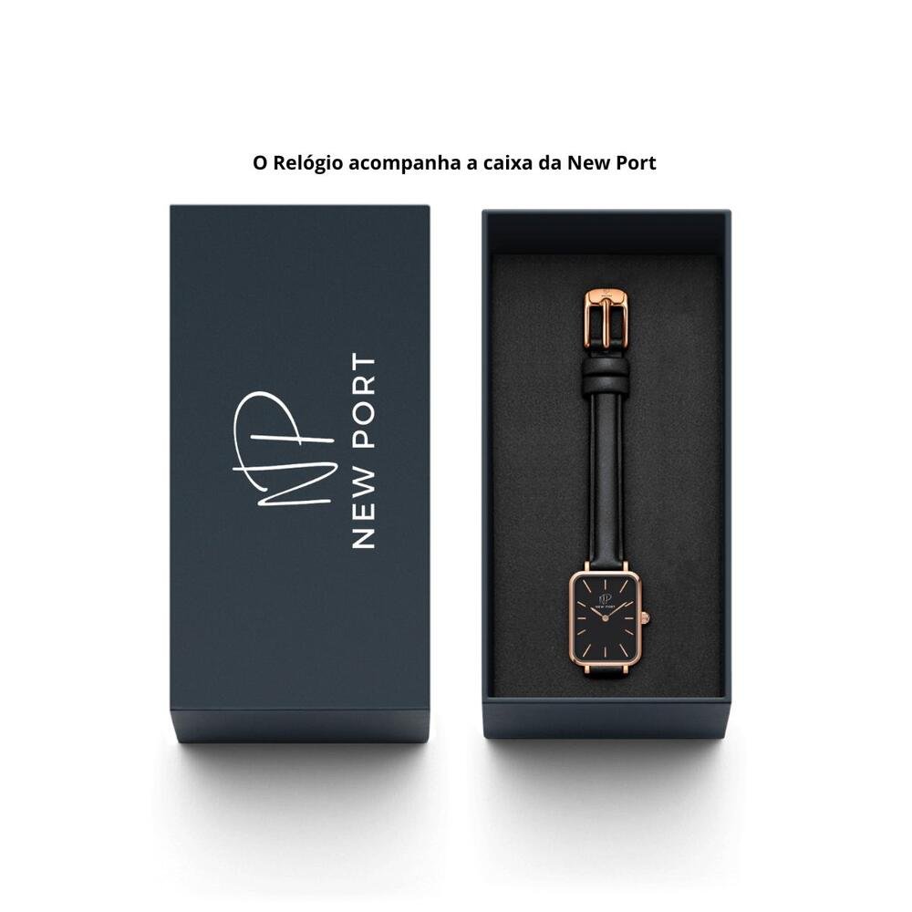 Relógio Feminino Quadrado Courino Casual New Port Preto 8