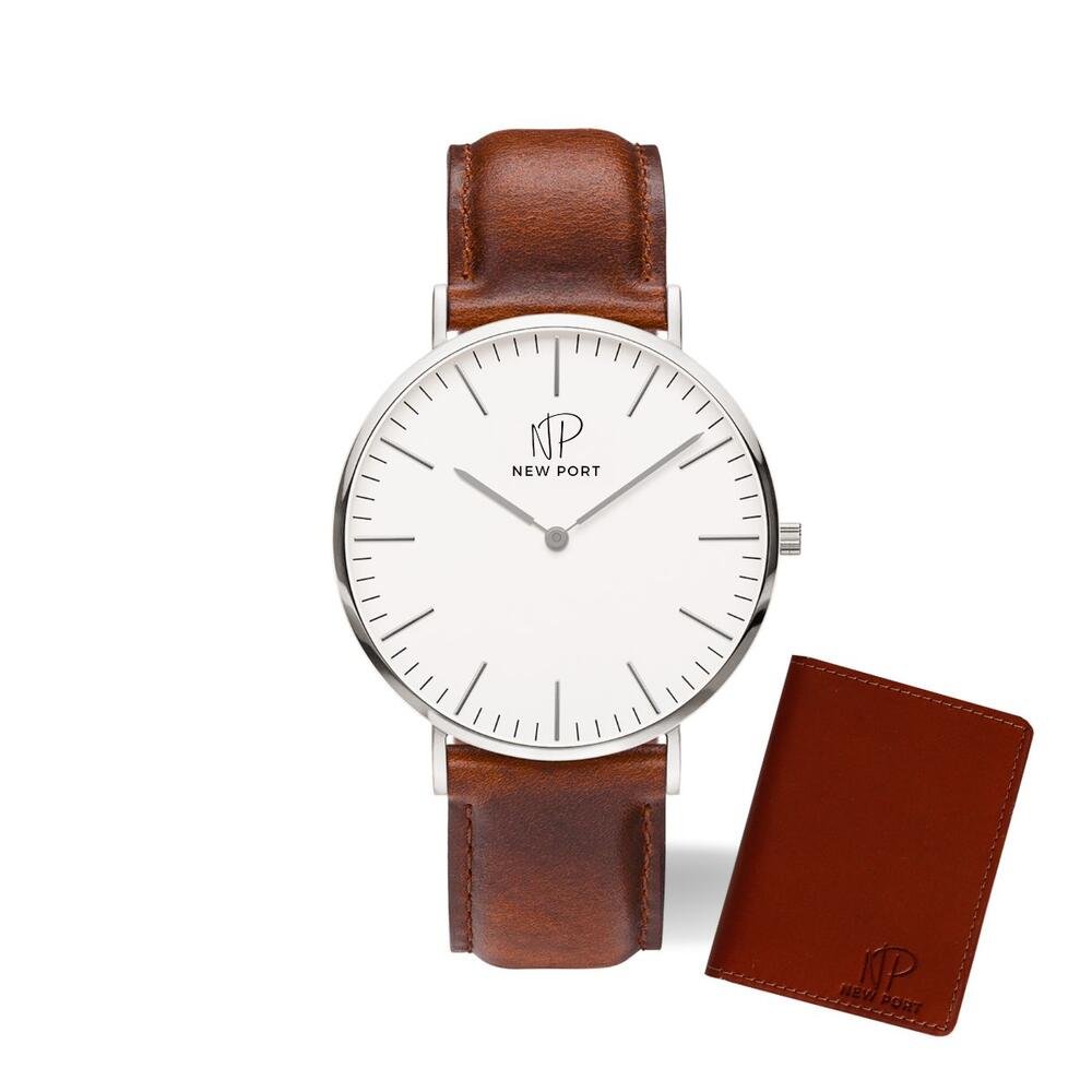 Relógio Masculino Marrom Clássico Casual Com Carteira Couro