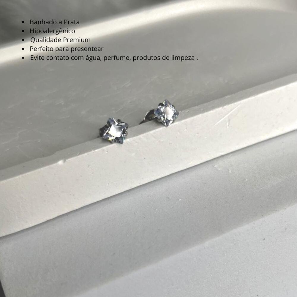 Brinco Ponto de Luz Quadrado Banhado Prata Pequeno Delicado Prata 4