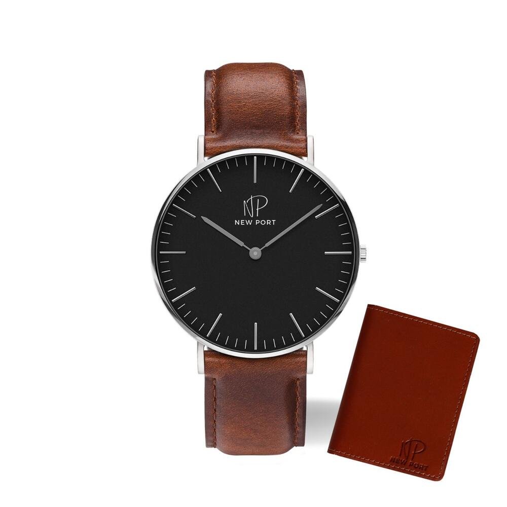 Relógio Analógico Marrom New Port + Carteira Couro