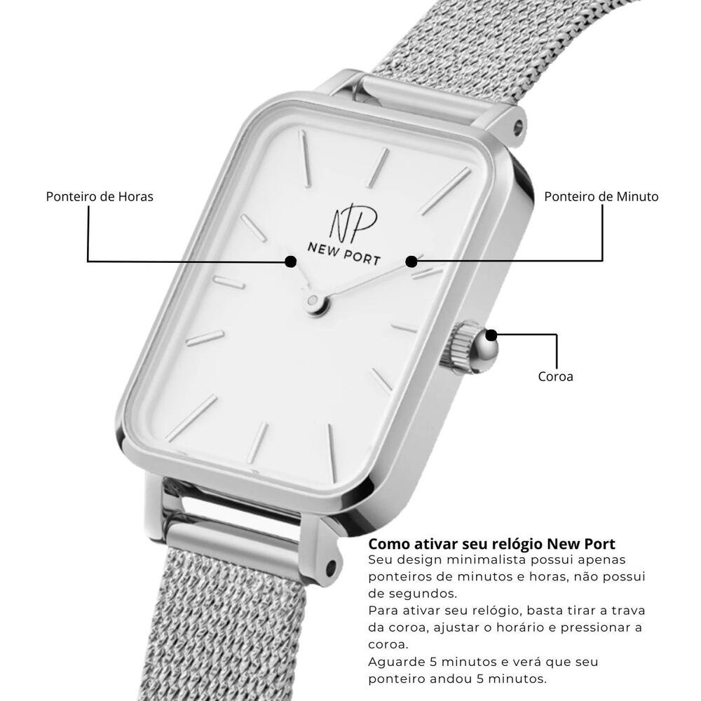 Relógio Prata New Port Quadrado Elegante. Prata 8
