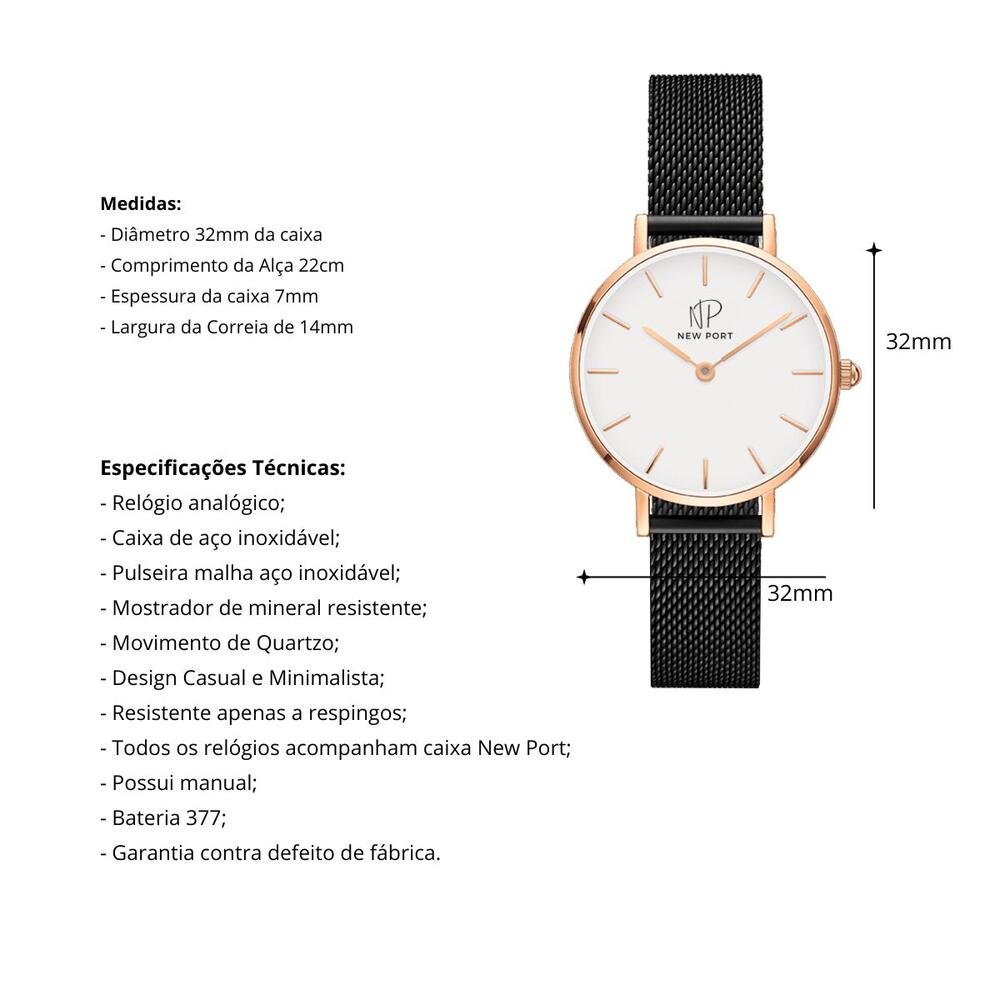 Relógio Feminino Rosé Casual Elegante Clássico New Port Preto 2