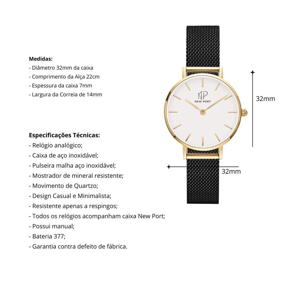 Relógio Feminino Analógico Dourado Casual Elegante New Port Dourado 3
