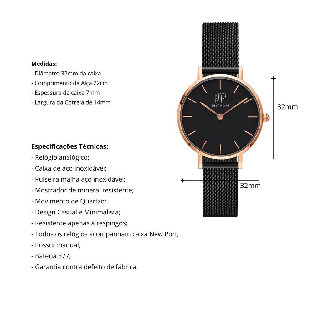 Relógio Feminino Preto Casual Elegante New Port 32mm Preto 3