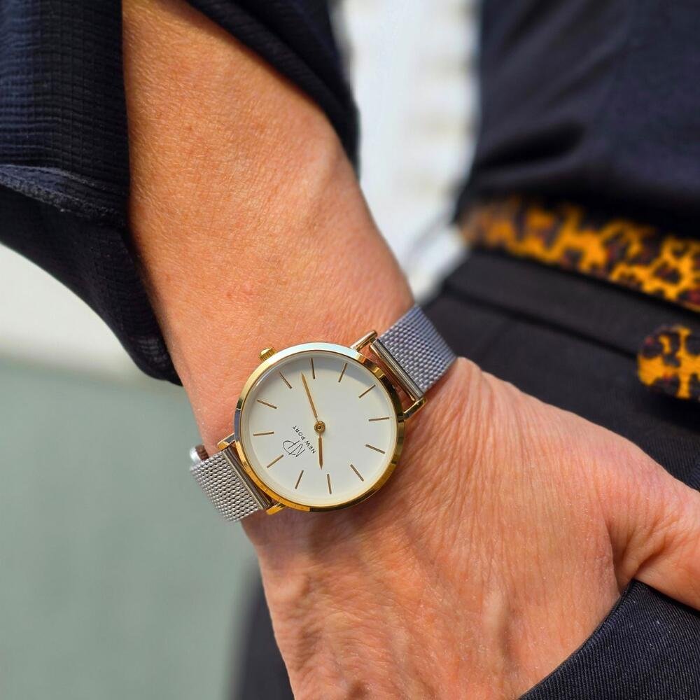 Relógio Feminino Bicolor Casual Clássico New Port 32mm Prata 3