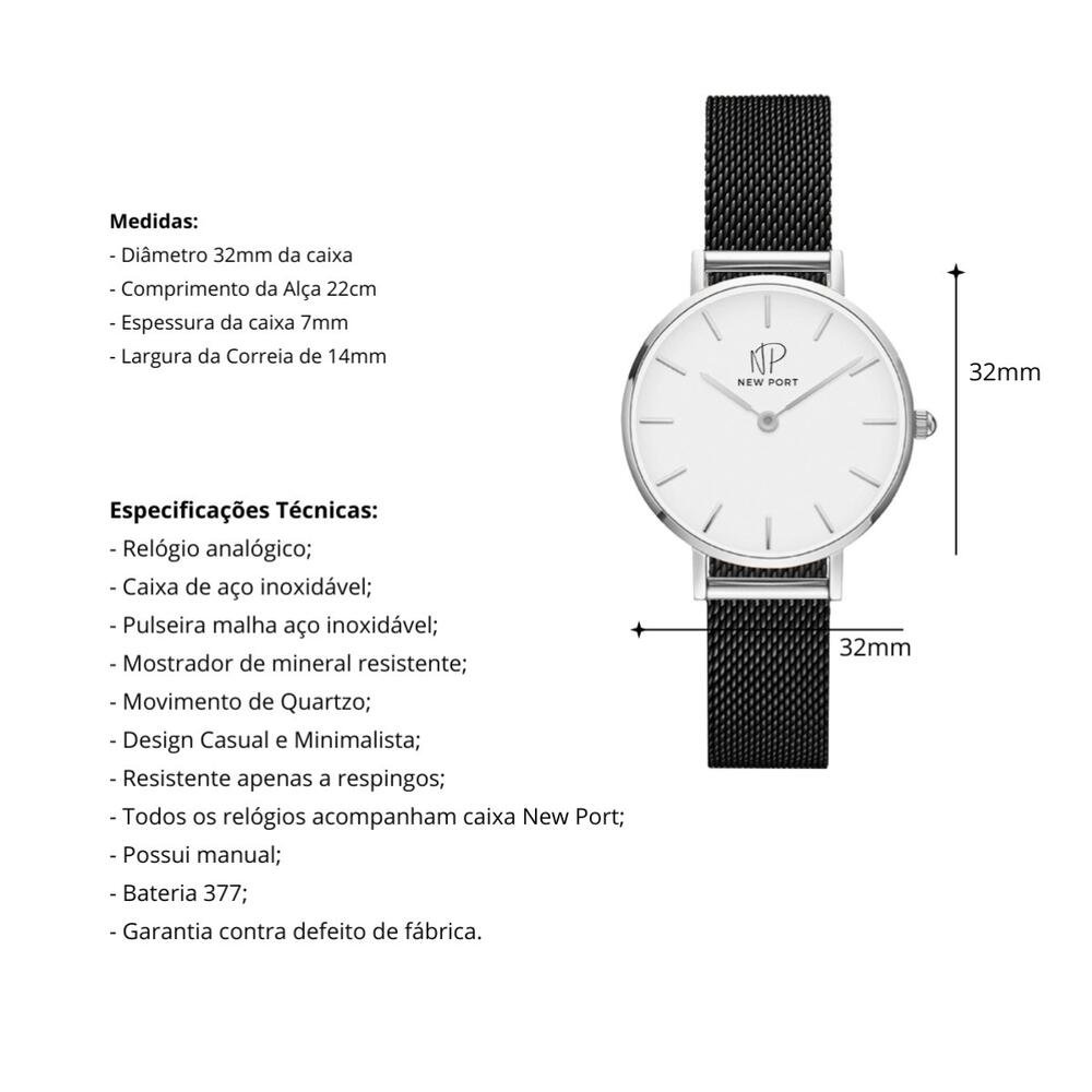 Relógio Feminino Preto Casual Analógico 32mm Com Bracelete Preto 3