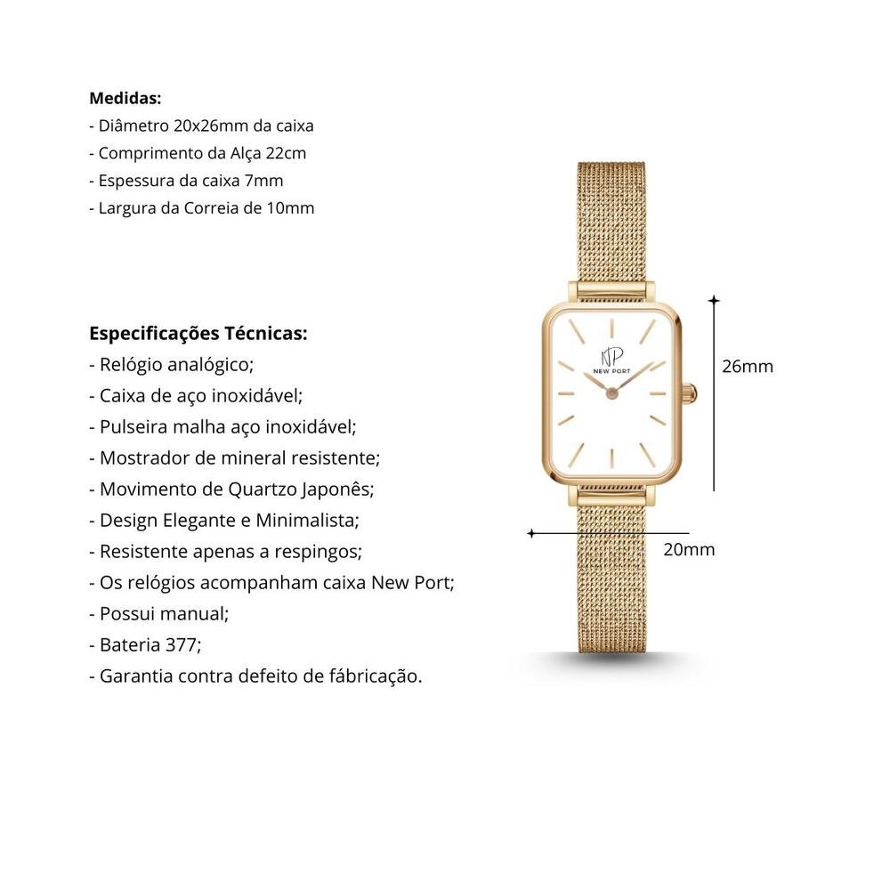 Relógio Feminino Quadrado Dourado Casual Elegante New Port Dourado 3