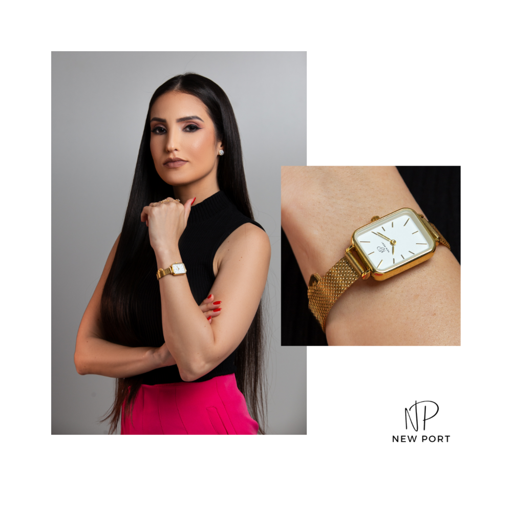 Relógio Feminino Quadrado Dourado Casual Elegante New Port Dourado 6