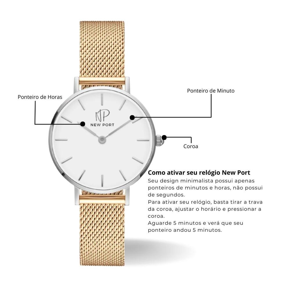 "Relógio Feminino Delicado New Port Dourado 32mm" Dourado 7
