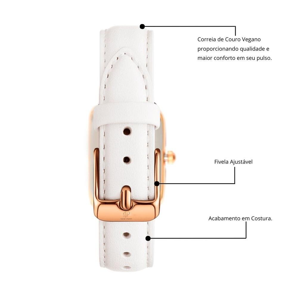 Relógio Feminino Quadrado Casual Pulseira Branca Branco 4
