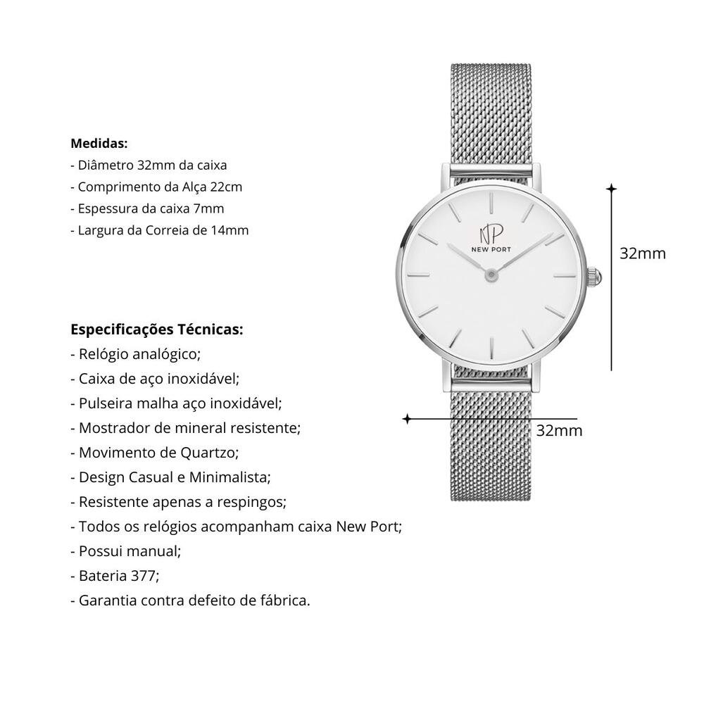 Relógio Analógico Sofisticado Prata New Port 32mm Prata 3
