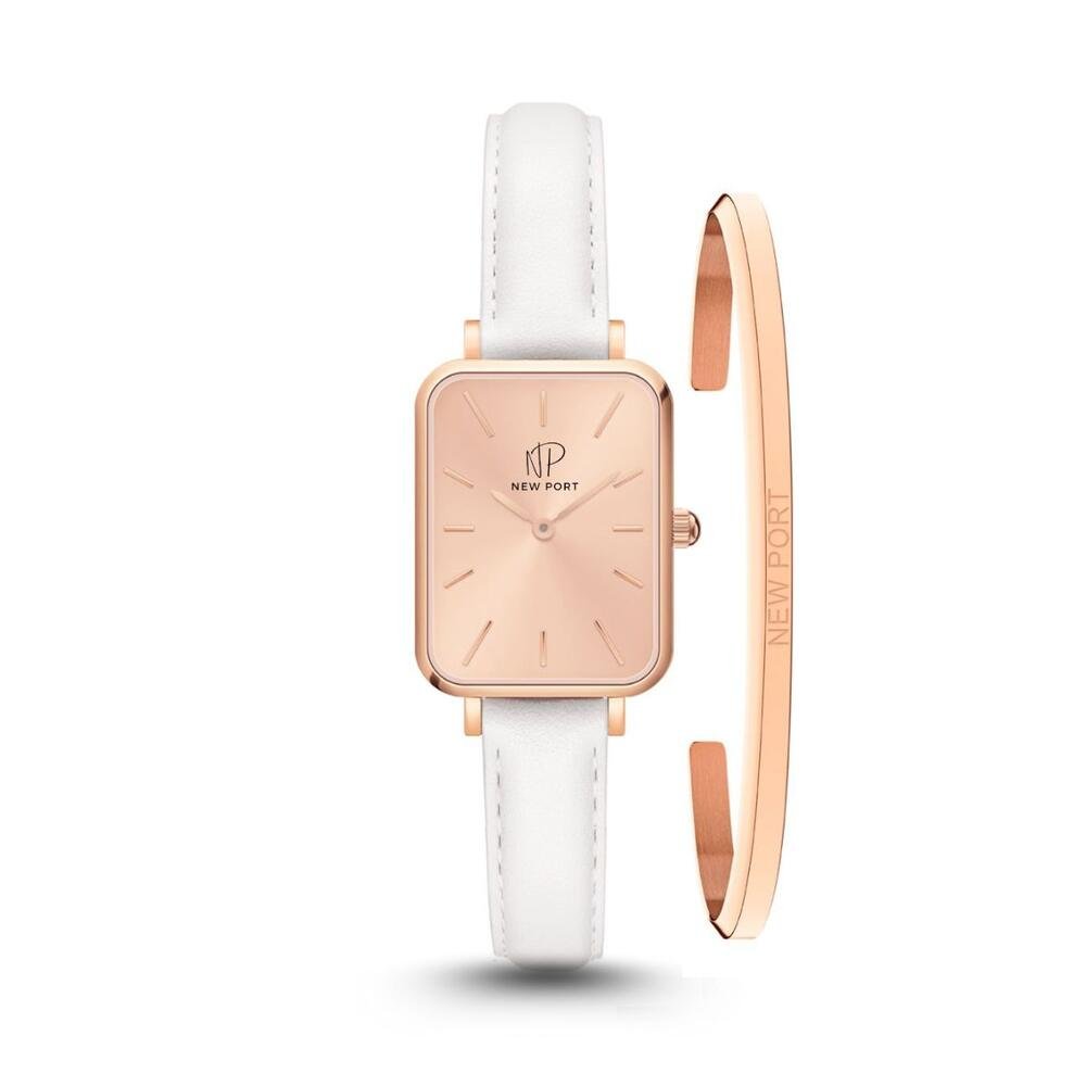 Relógio Feminino Quadrado Rosé Gold New Port Com Bracelete
