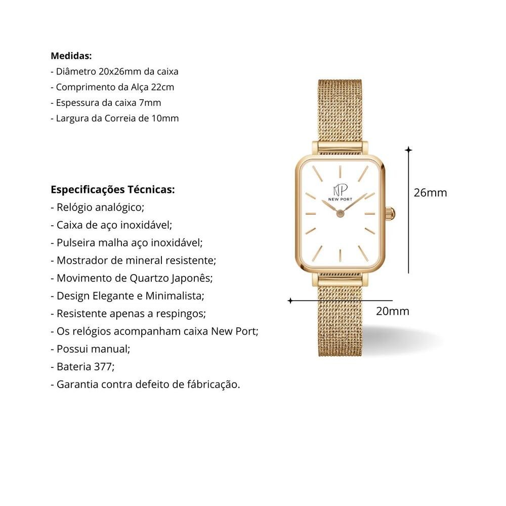 Relógio Feminino Dourado Quadrado Casual Elegante New Port Dourado 3