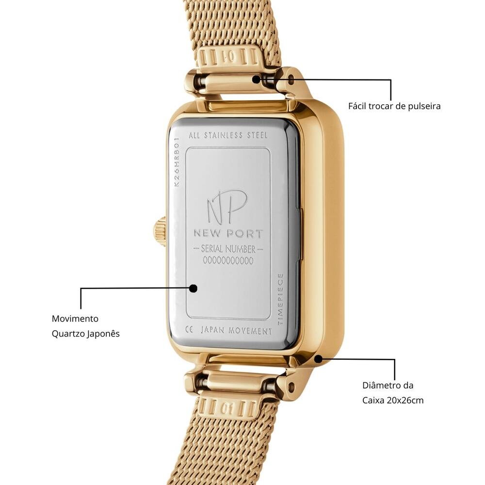 Relógio Feminino Dourado Quadrado Casual Elegante New Port Dourado 5