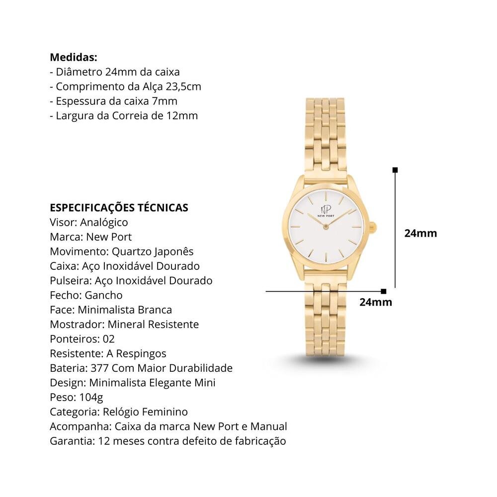 Relógio Feminino Dourado Elegante Delicado Pequeno New Port Dourado 3