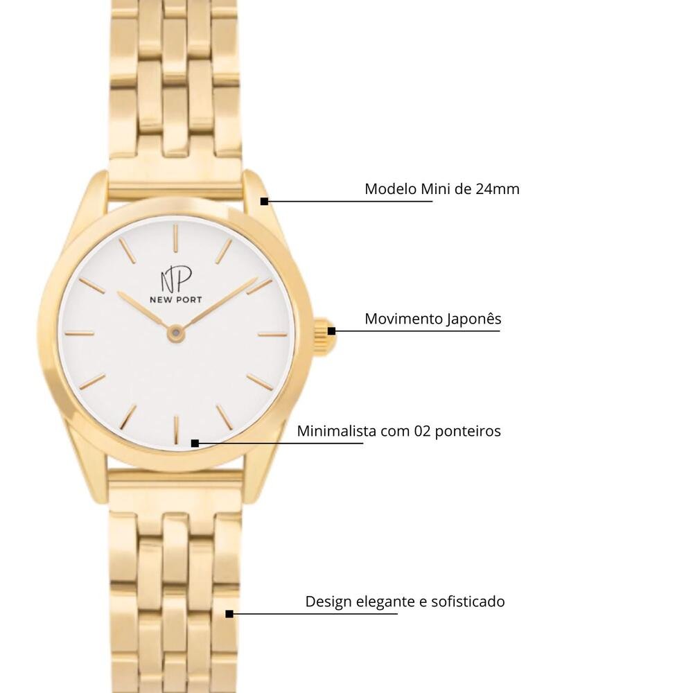 Relógio Feminino Dourado Elegante Delicado Pequeno New Port Dourado 5