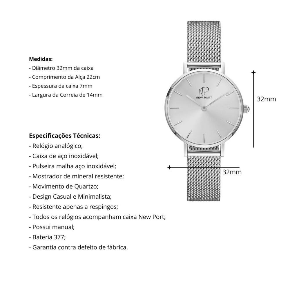 Relógio Feminino Prata Delicado Casual Elegante NewPort 32mm Prata 3