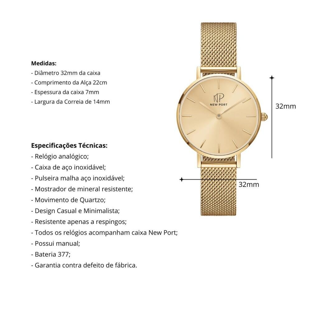 Relógio Feminino Dourado Delicado Casual Elegante New Port Dourado 3