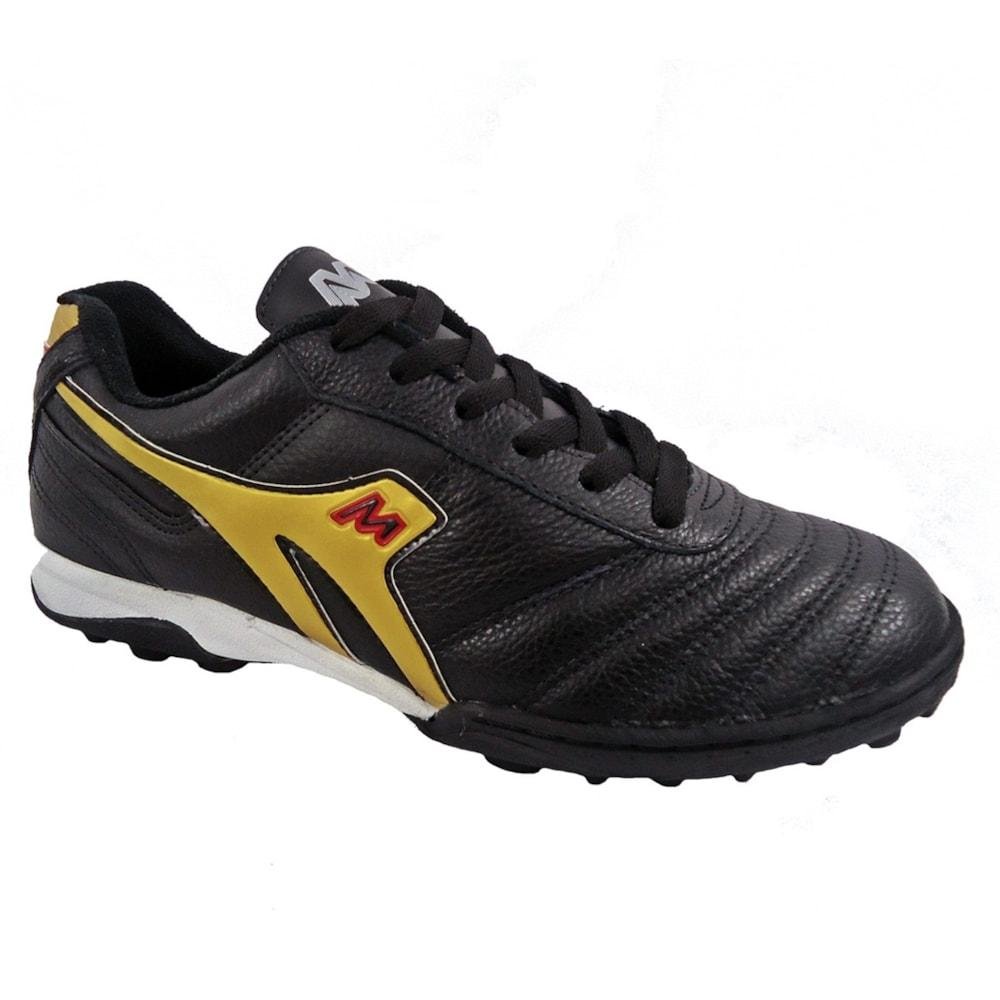 Chuteira Society Mathaus Azurra Couro com Biqueira Costurada Adulto Preto/Dourado 6