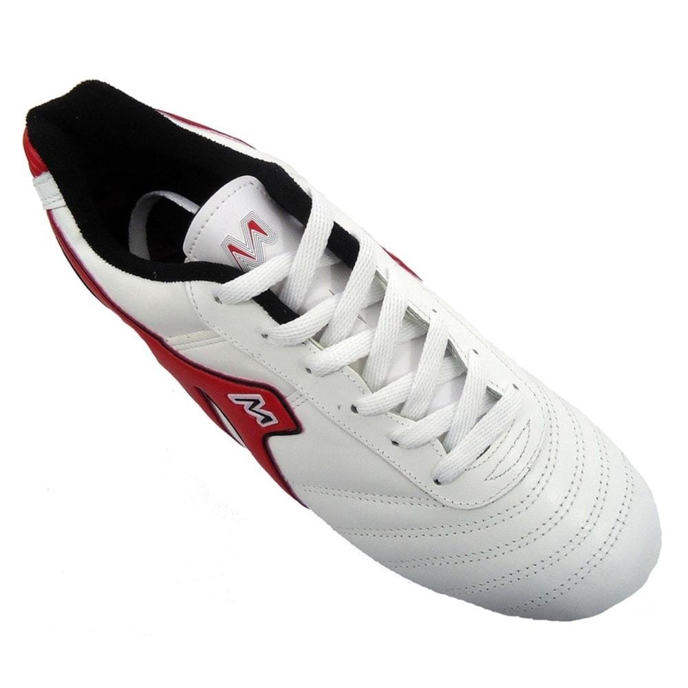 Chuteira Society Mathaus Azurra Couro Costurada Branca Branco/Vermelho 10