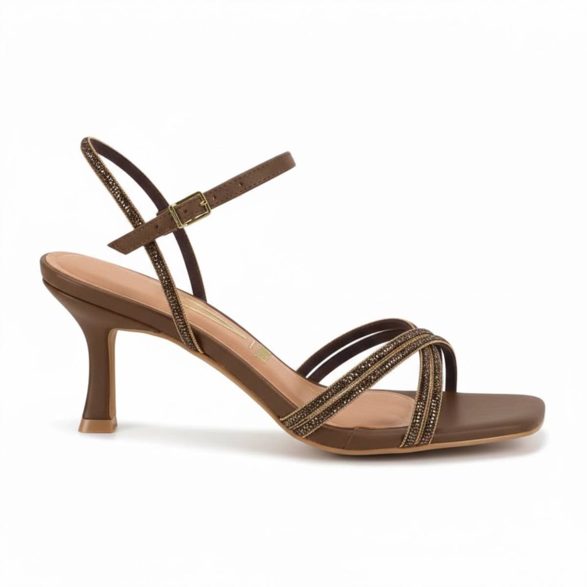 Sandalia Vizzano Salto Medio Fino Fivela Strass Confortavel Marrom 2