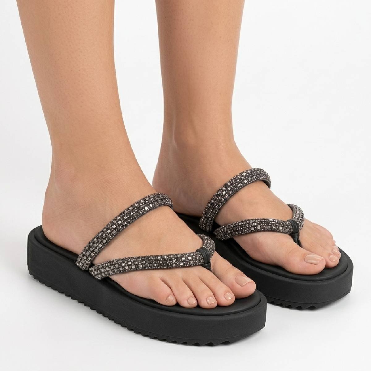 Sandalia Papete Feminina Moleca Casual Tiras Strass Tratorada Confortavel Original Preto 3