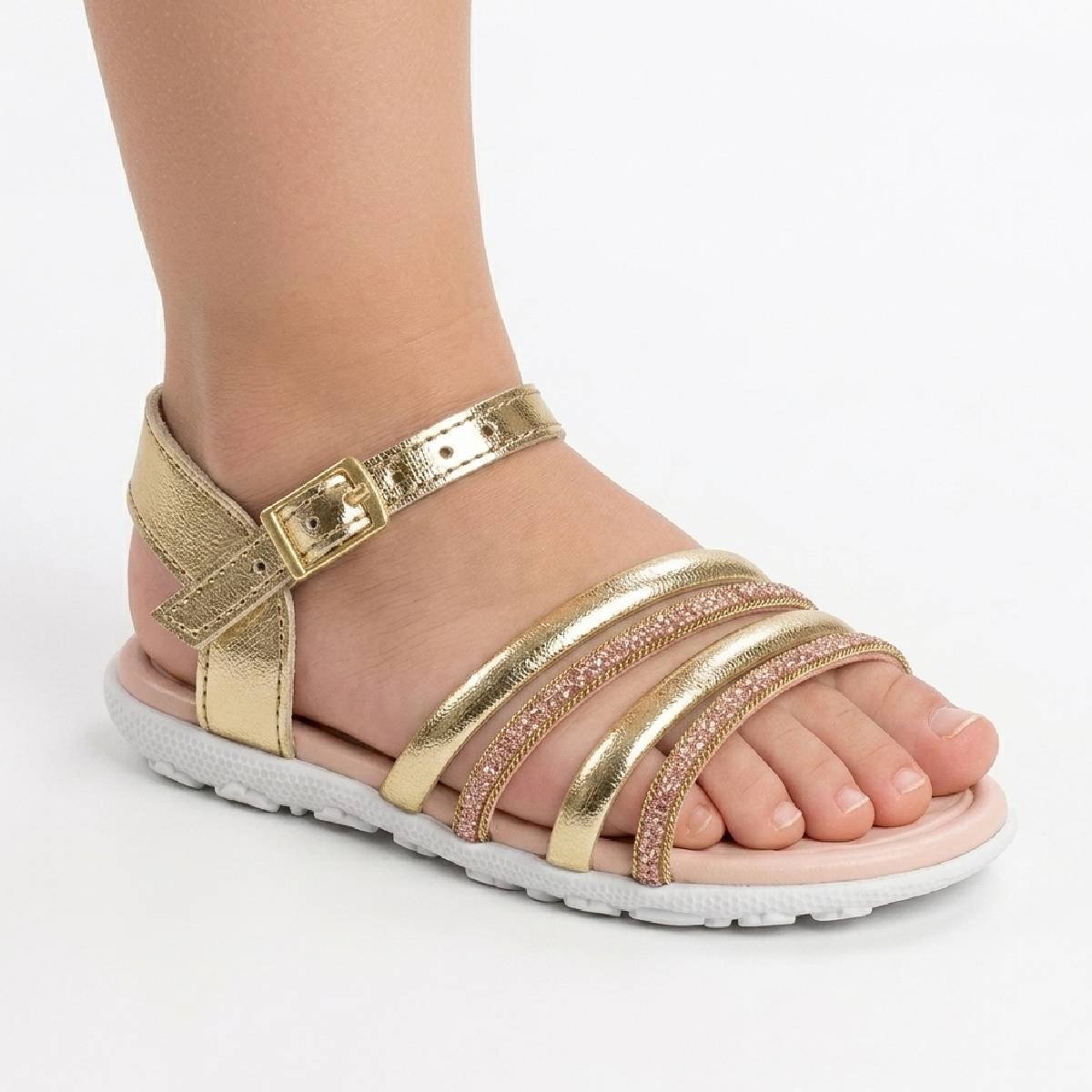 Sandalia Menina Molekinha Casual Fivela Plana Tiras Confortavel Original  Dourado/Rosa 4