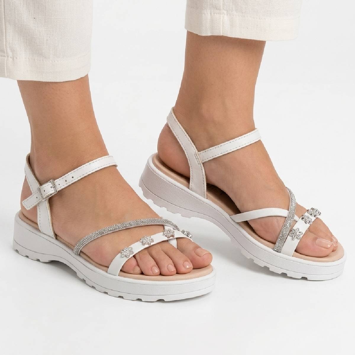 Sandalia Feminina Molekinha Papete Fivela Casual Strass Tiras Confortavel Original Branco 4