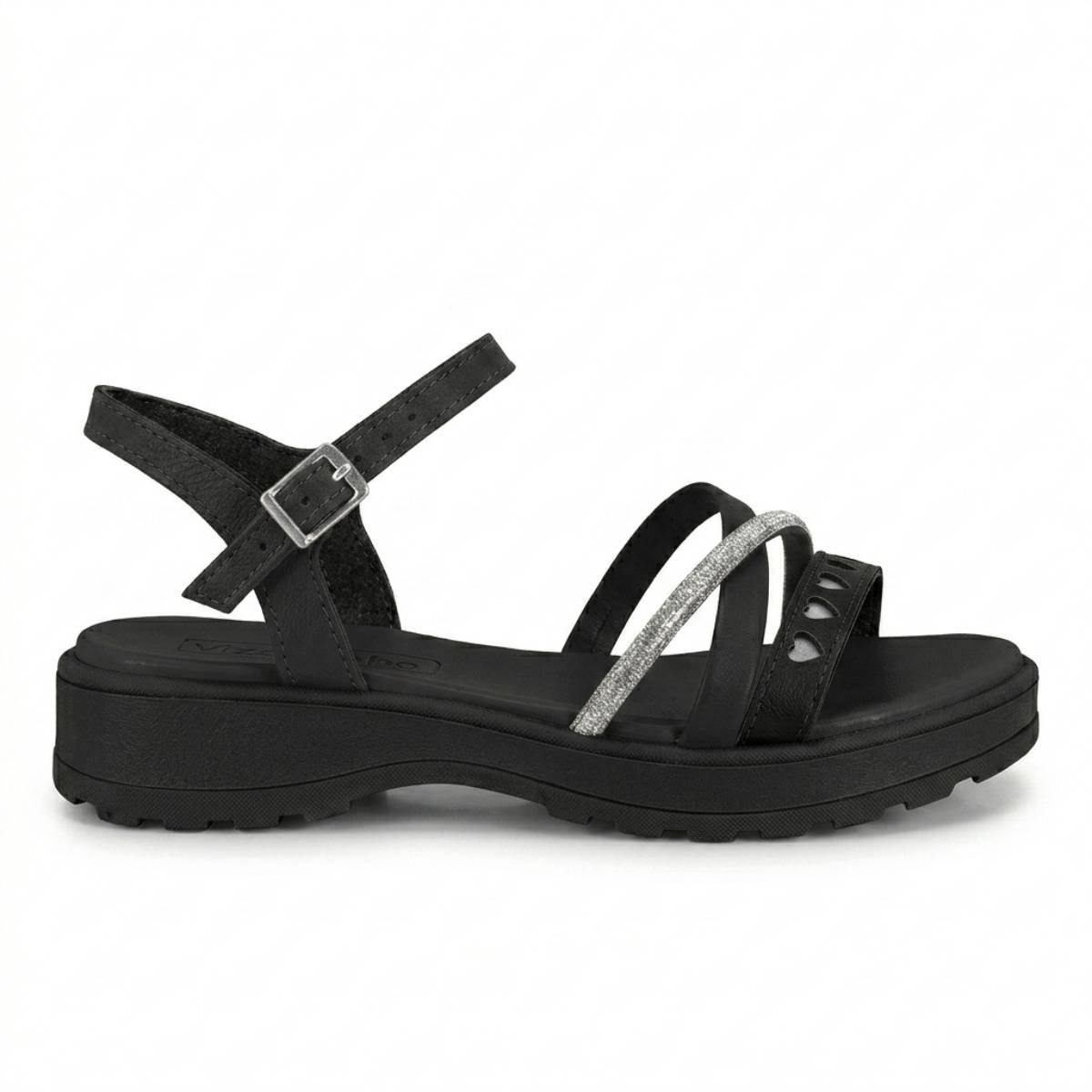 Sandalia Feminina Molekinha Fivela Tratorada Strass Tira Casual Confortavel Original Preto/Prata 2