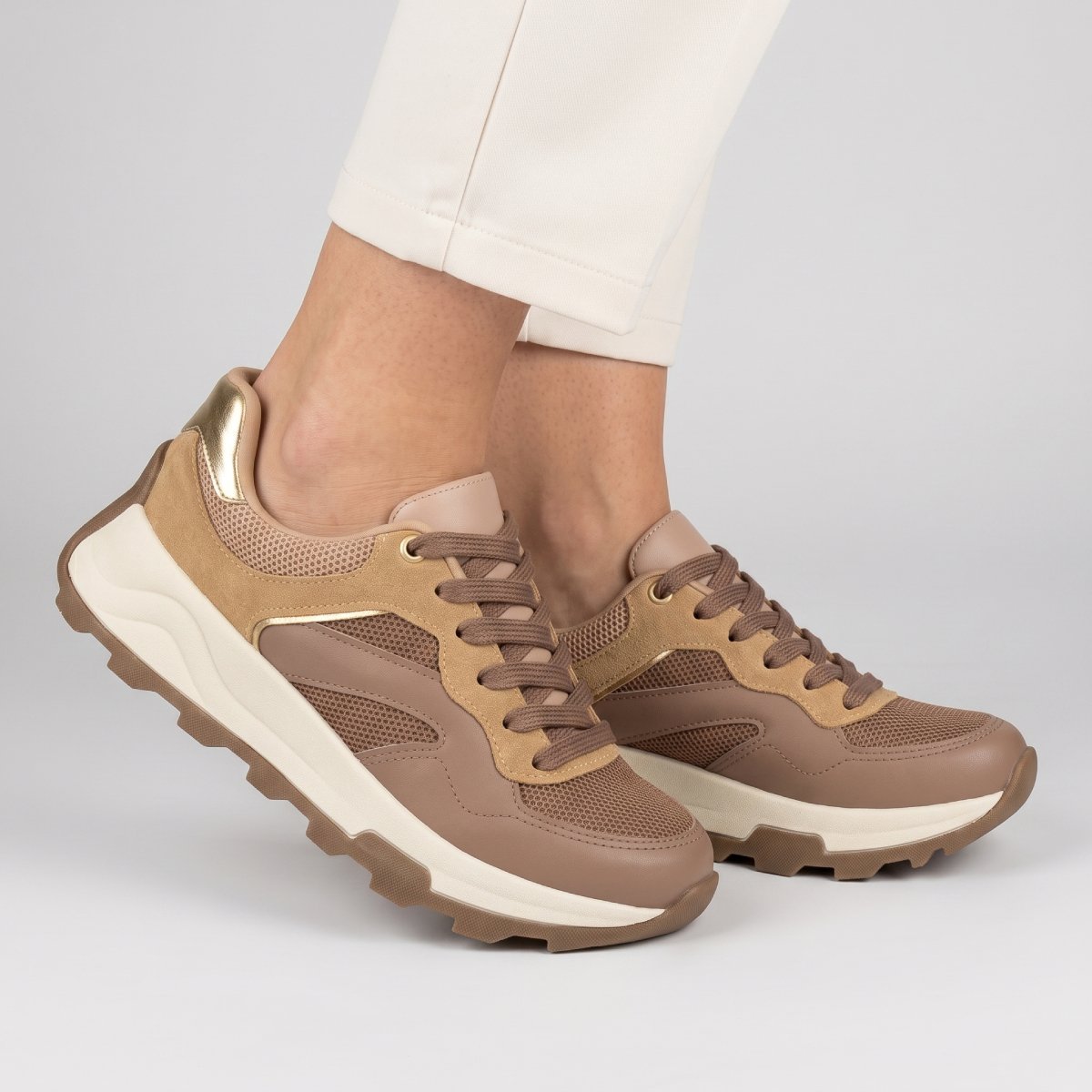 Tenis Feminino Beira Rio Casual Robusto Tratorado Esportivo Bege/Caramelo 3