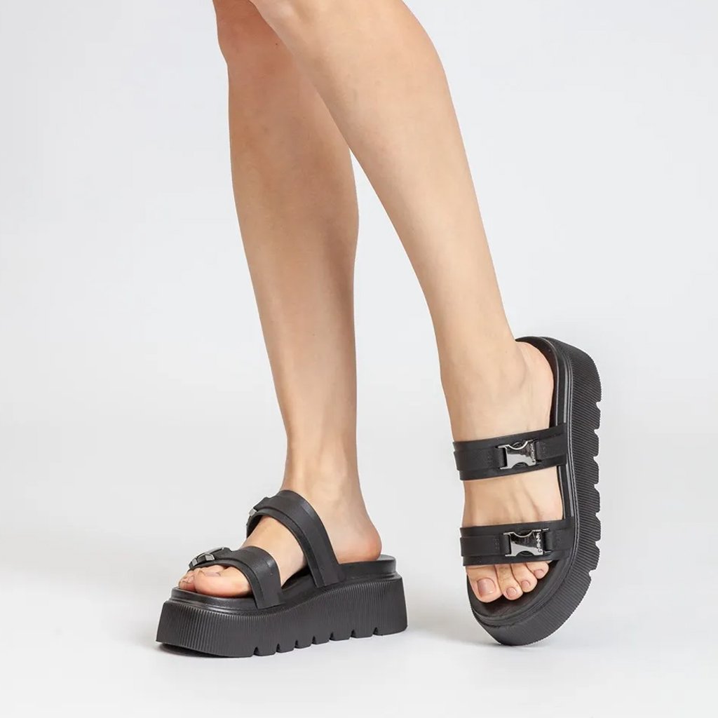 Tamanco Feminino Petite Jolie Casual Tiras Duplas Plataforma Confortavel Original Preto 4