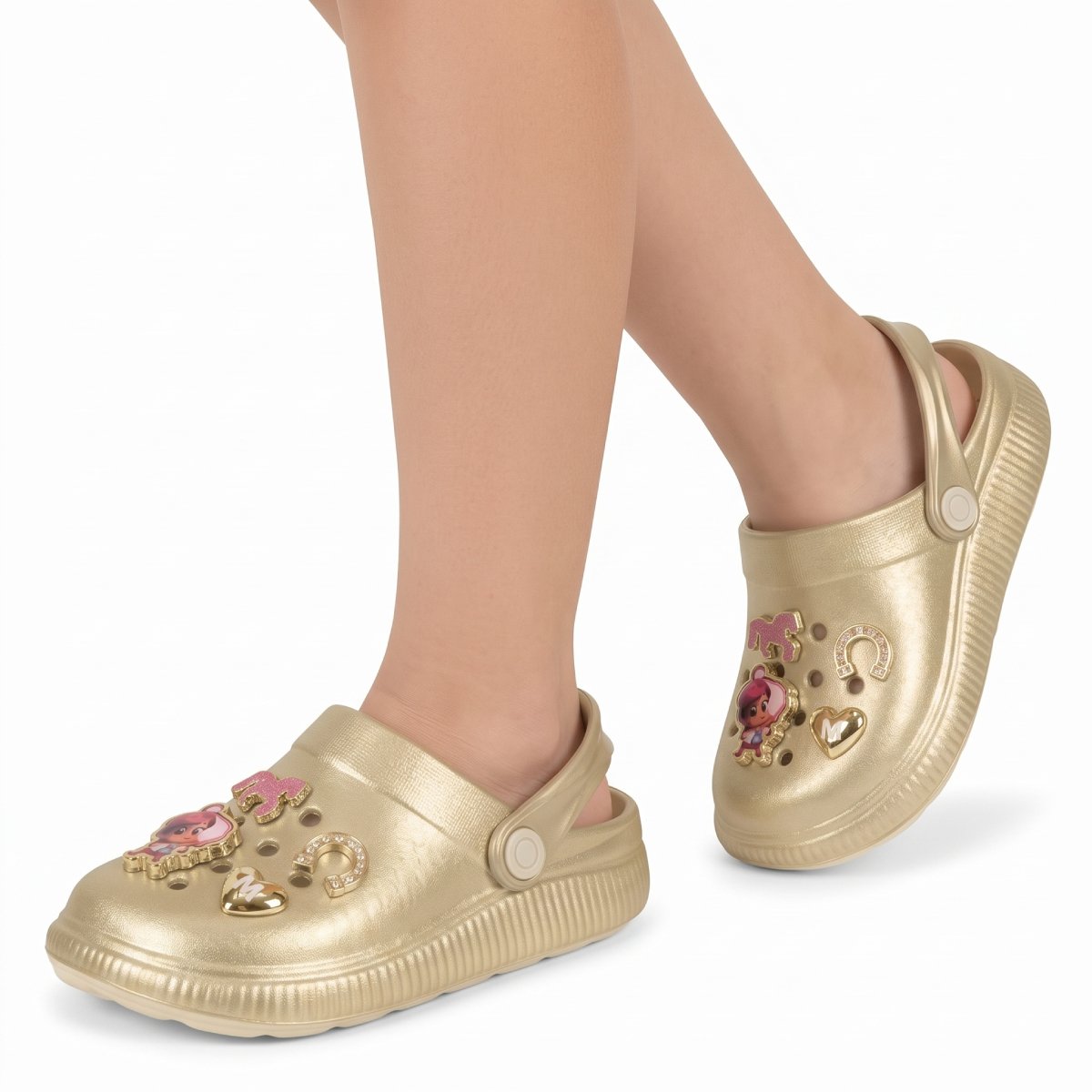Babuche Menina Molekinha Casual Pingente Infantil Fivela Alca Plataforma Confortavel Original Creme/Dourado 5