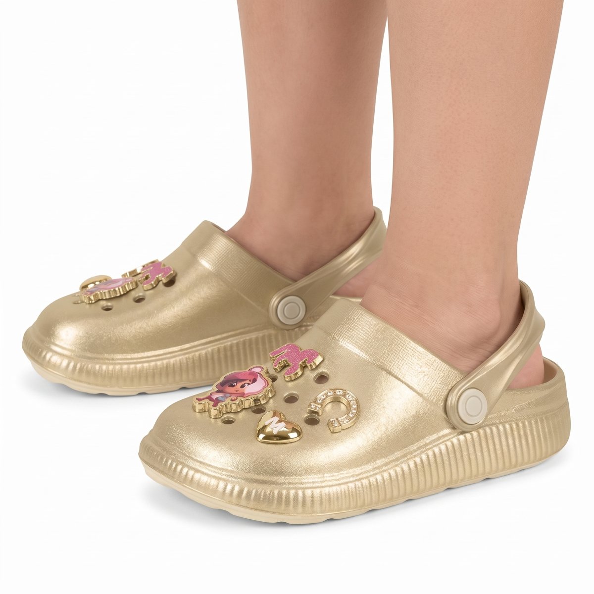 Babuche Menina Molekinha Casual Pingente Infantil Fivela Alca Plataforma Confortavel Original Creme/Dourado 6