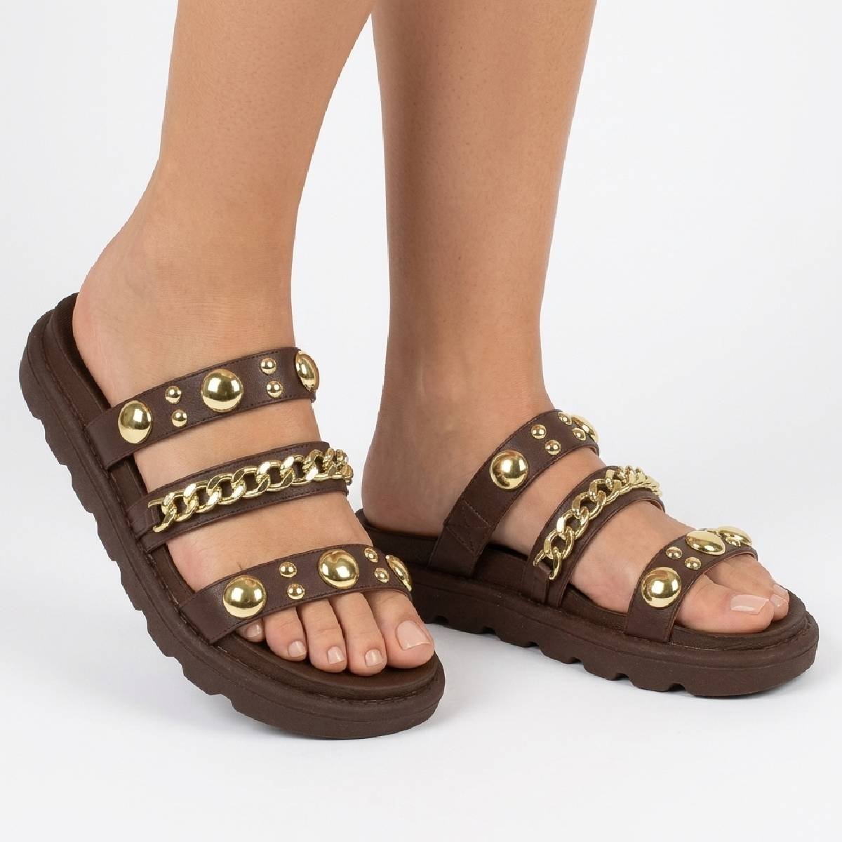 Sandalia Papete Feminina Vizzano Flatform Preta Dourado Chocolate 3