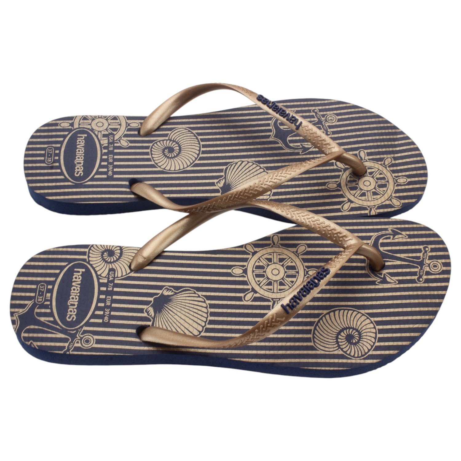 Chinelo Feminino Havaianas Slim Nautical - Azul Dourado 2