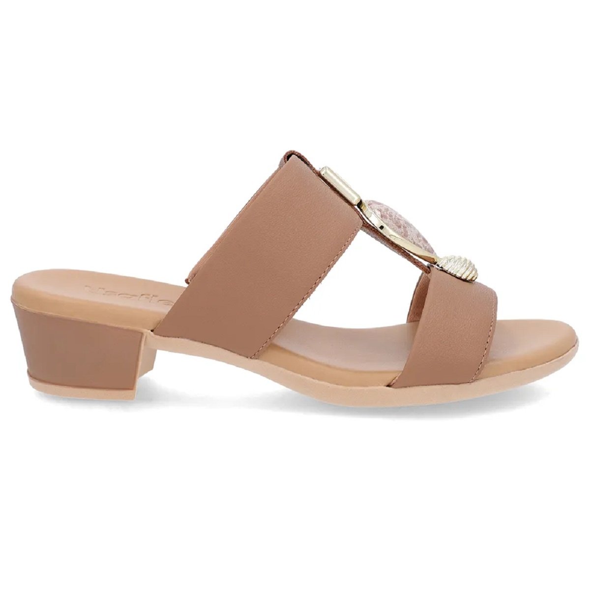 Tamanco Usaflex em Couro com Salto Bloco Enfeite Dourado