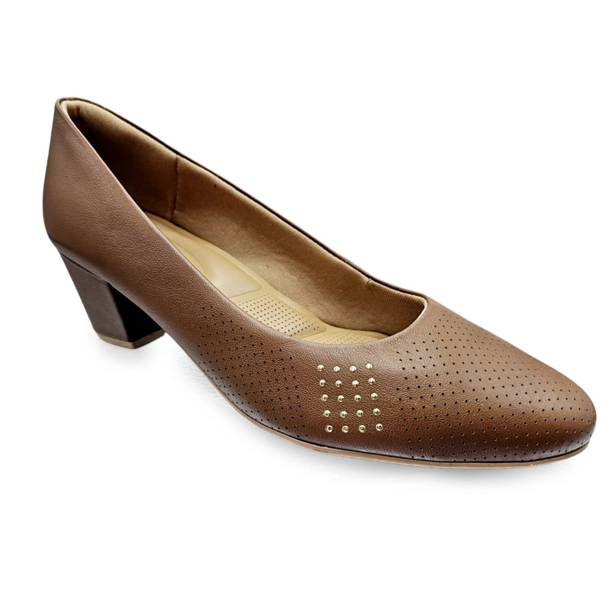 Scarpin Usaflex Bico Fino Couro Microperfurado Conforto Marrom 2