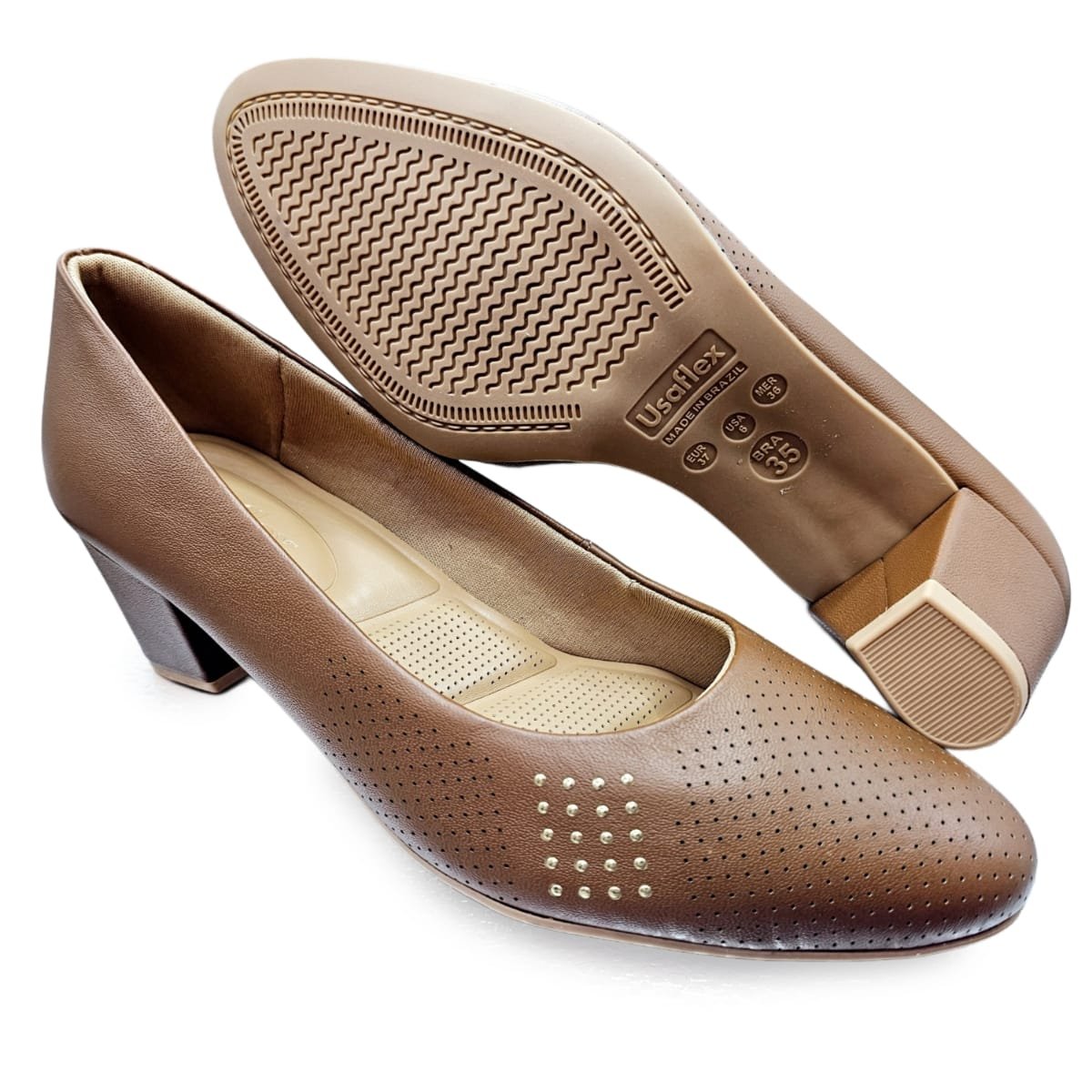 Scarpin Usaflex Bico Fino Couro Microperfurado Conforto Marrom 5
