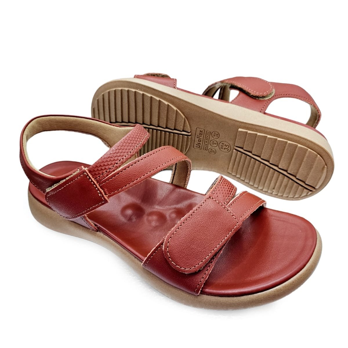 Sandália Feminina Usaflex Couro Tira Ajustável Conforto Vermelho 5
