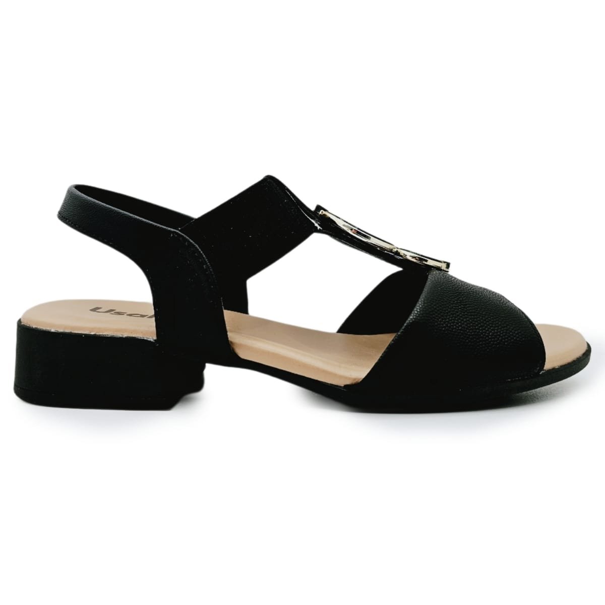 Sandália Usaflex Couro Salto Bloco Ajuste Elástico e Enfeite