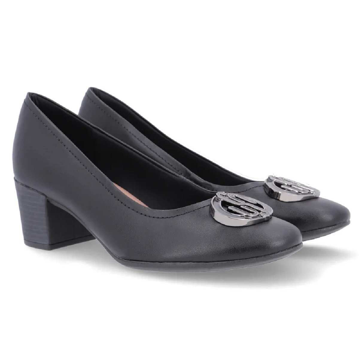 Sapato Scarpin Usaflex em Couro Salto Bloco Monograma Preto 2