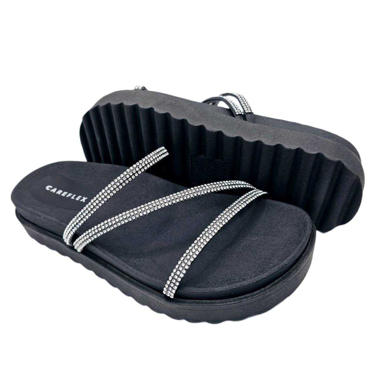Chinelo com Brilho Strass Confortável Careflex Anatômico Preto 4