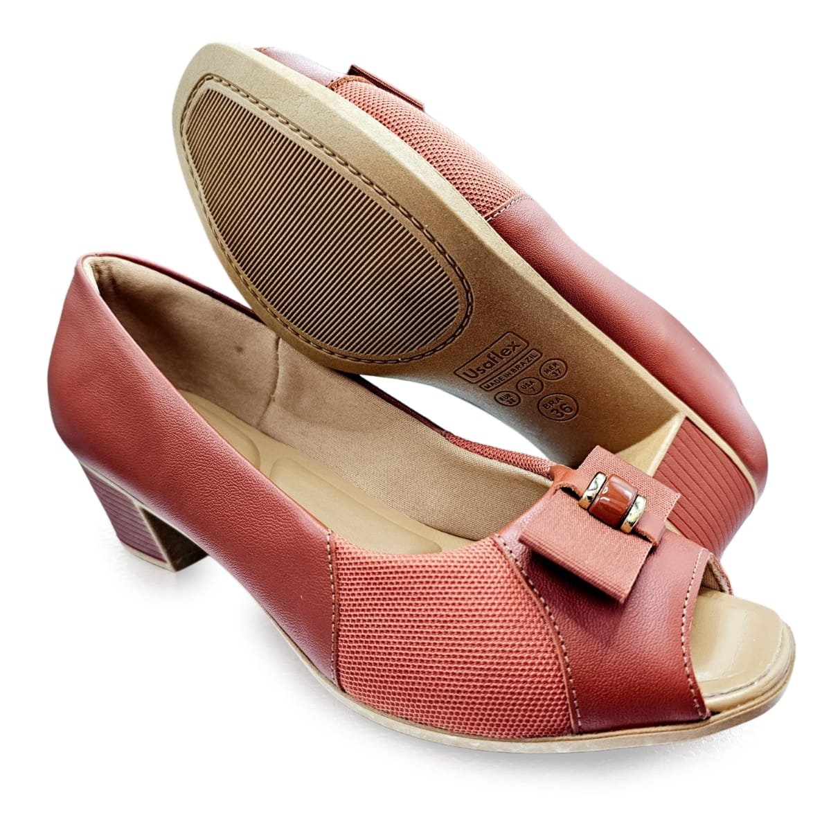 Sapato Usaflex Peep Toe Couro Indicado para Joanetes Terracota 5