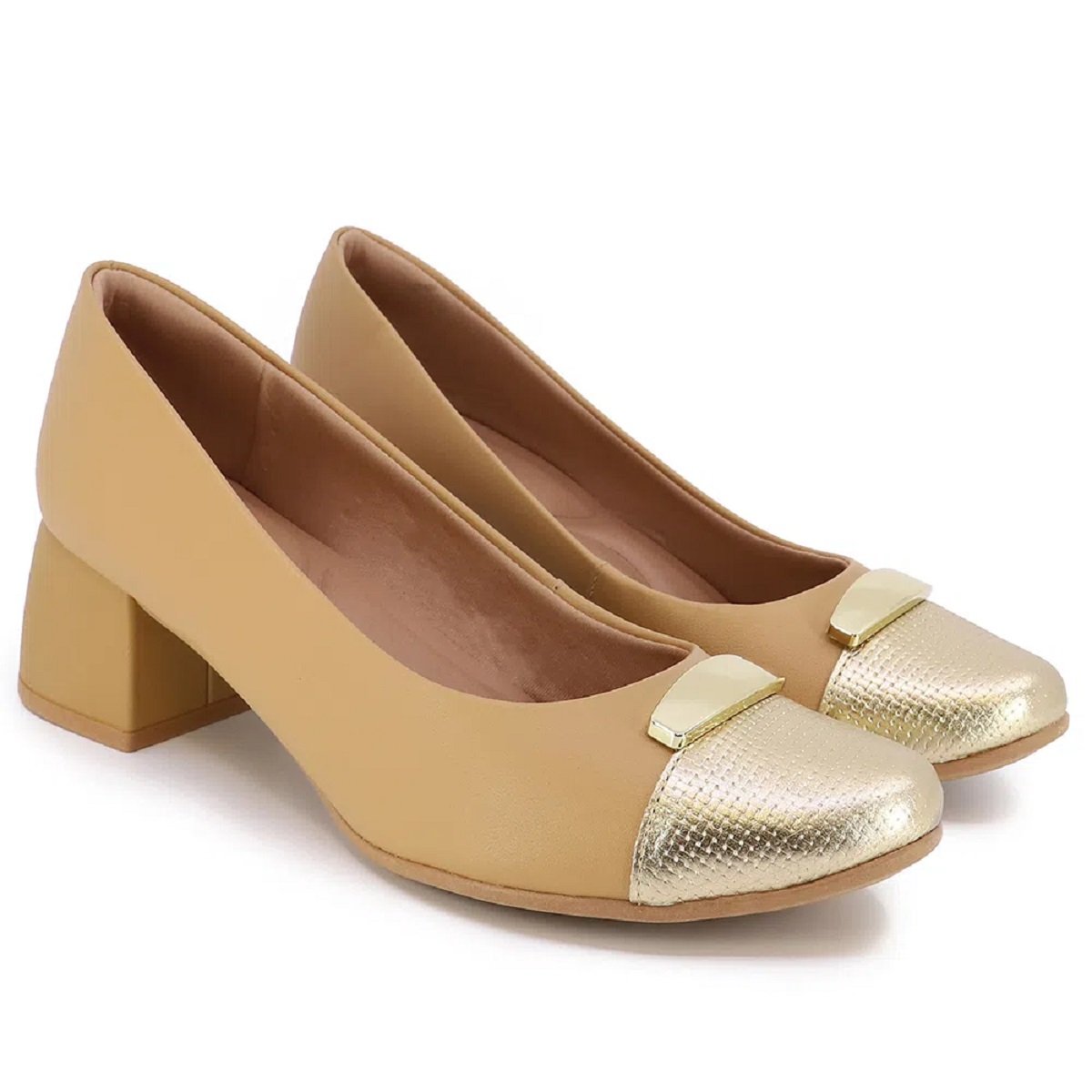 Sapato Scarpin Usaflex Salto Bloco Couro Detalhe Enfeite Caramelo 2