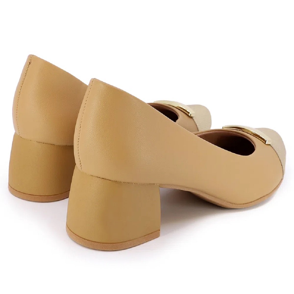 Sapato Scarpin Usaflex Salto Bloco Couro Detalhe Enfeite Caramelo 3