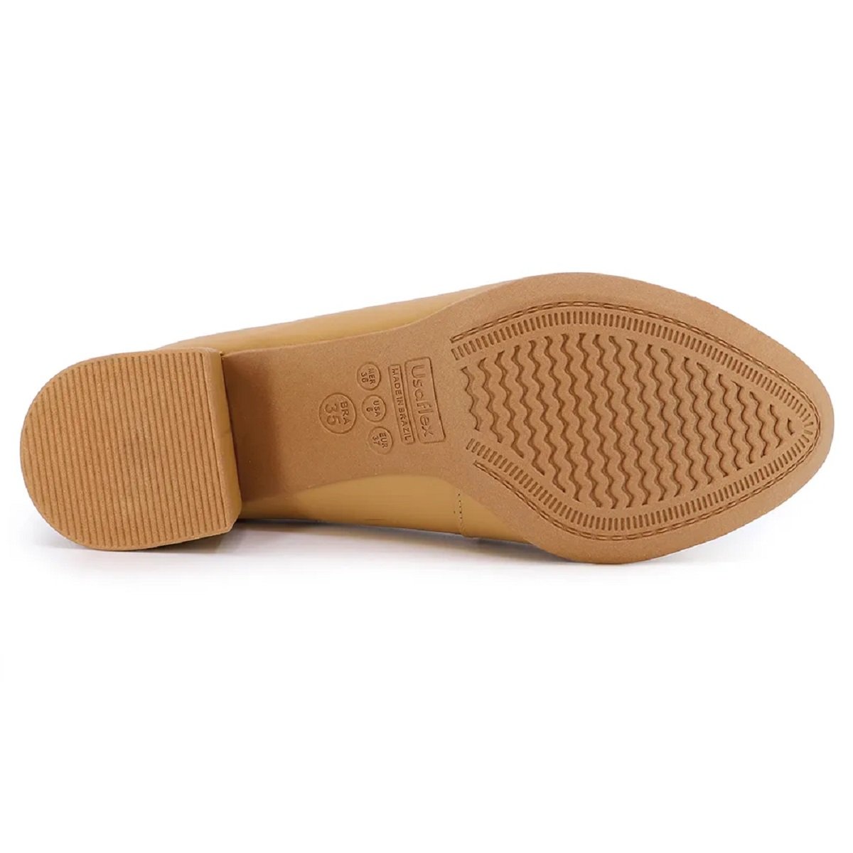 Sapato Scarpin Usaflex Salto Bloco Couro Detalhe Enfeite Caramelo 5
