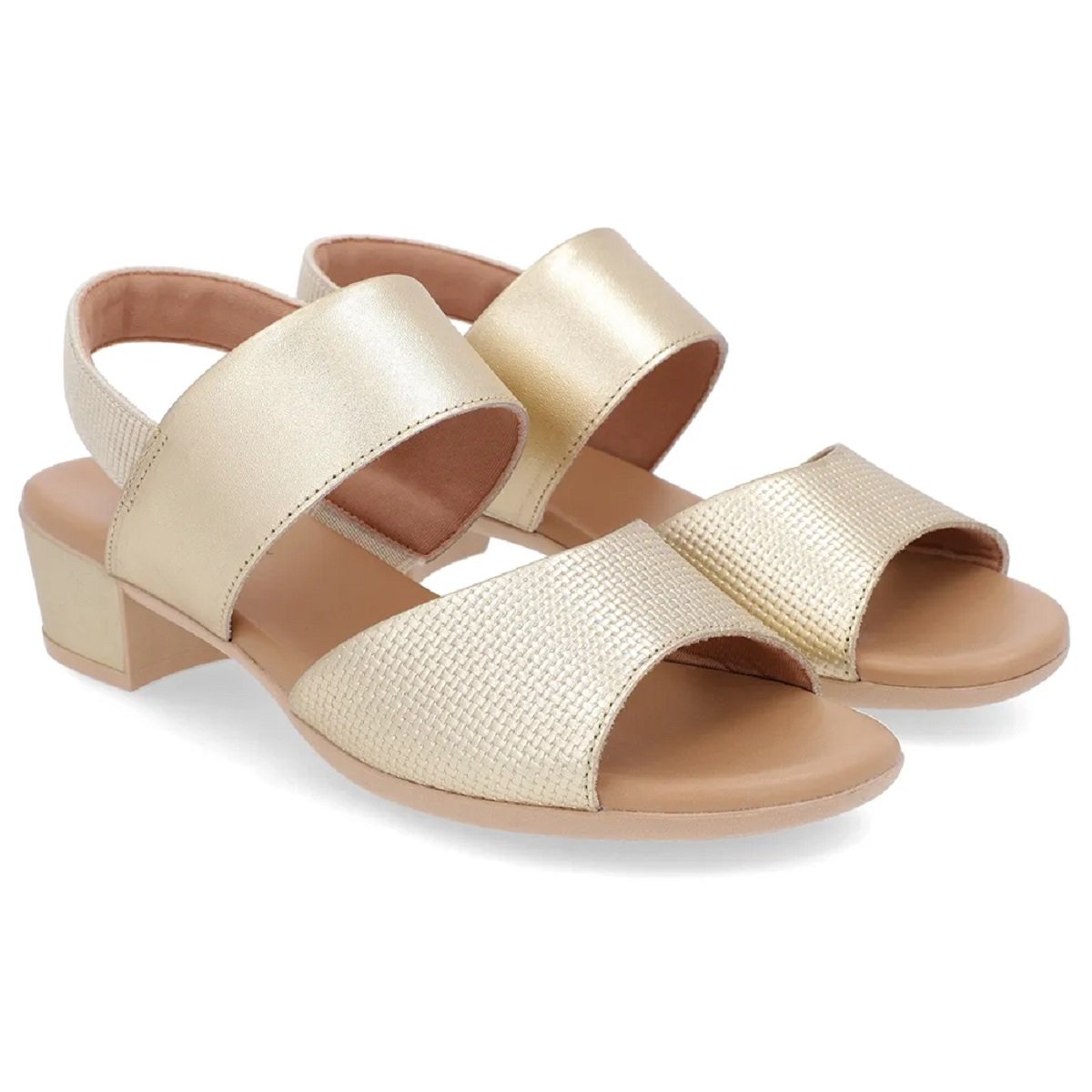 Sandália Usaflex Salto Bloco 4cm Couro Elástico no Calcanhar Dourado 2