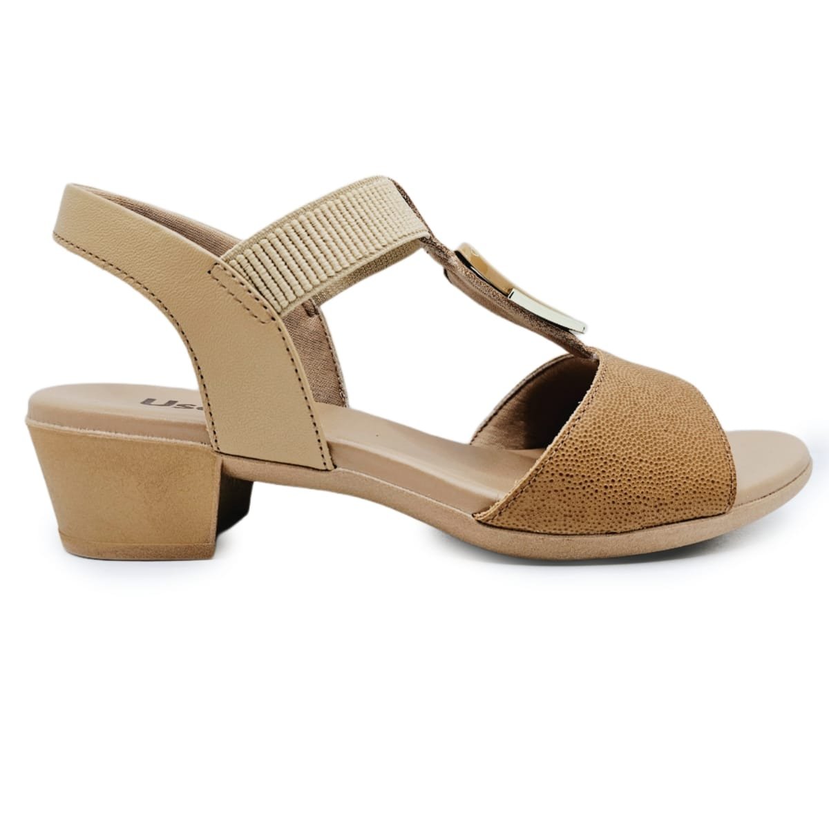 Sandália Usaflex em Couro Salto Bloco com Enfeite