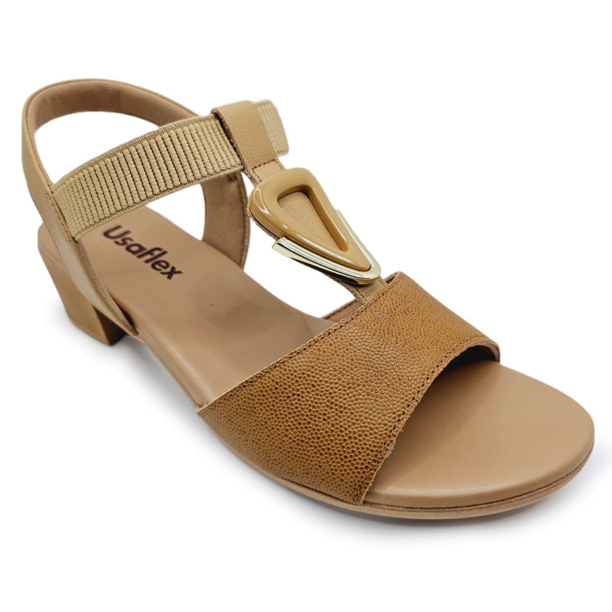 Sandália Usaflex em Couro Salto Bloco com Enfeite Caramelo 2